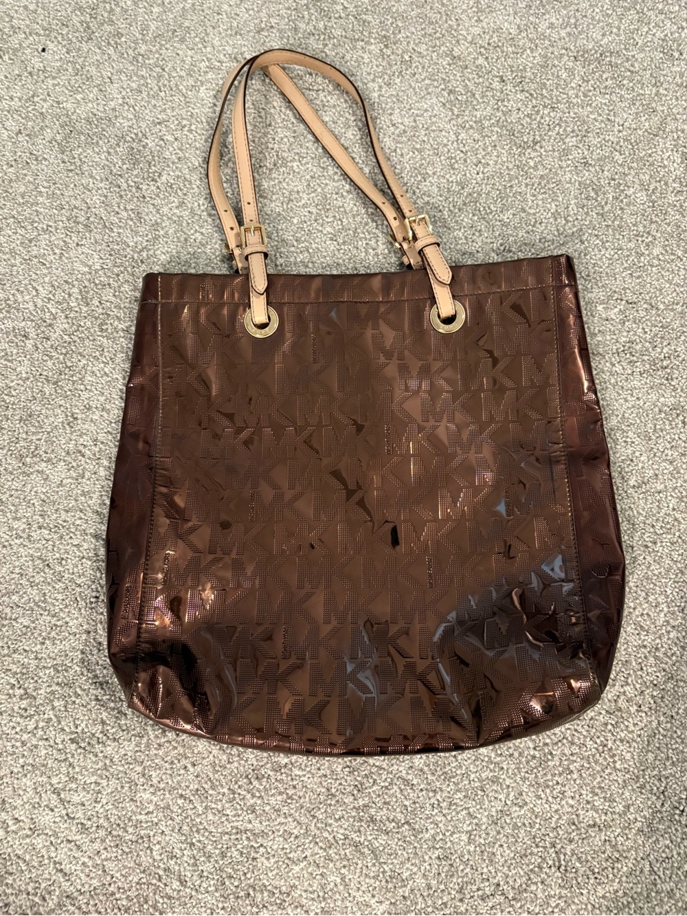 Michael Kors Mirror Metallic Brown/Bronze Logo Tote with Tan Straps